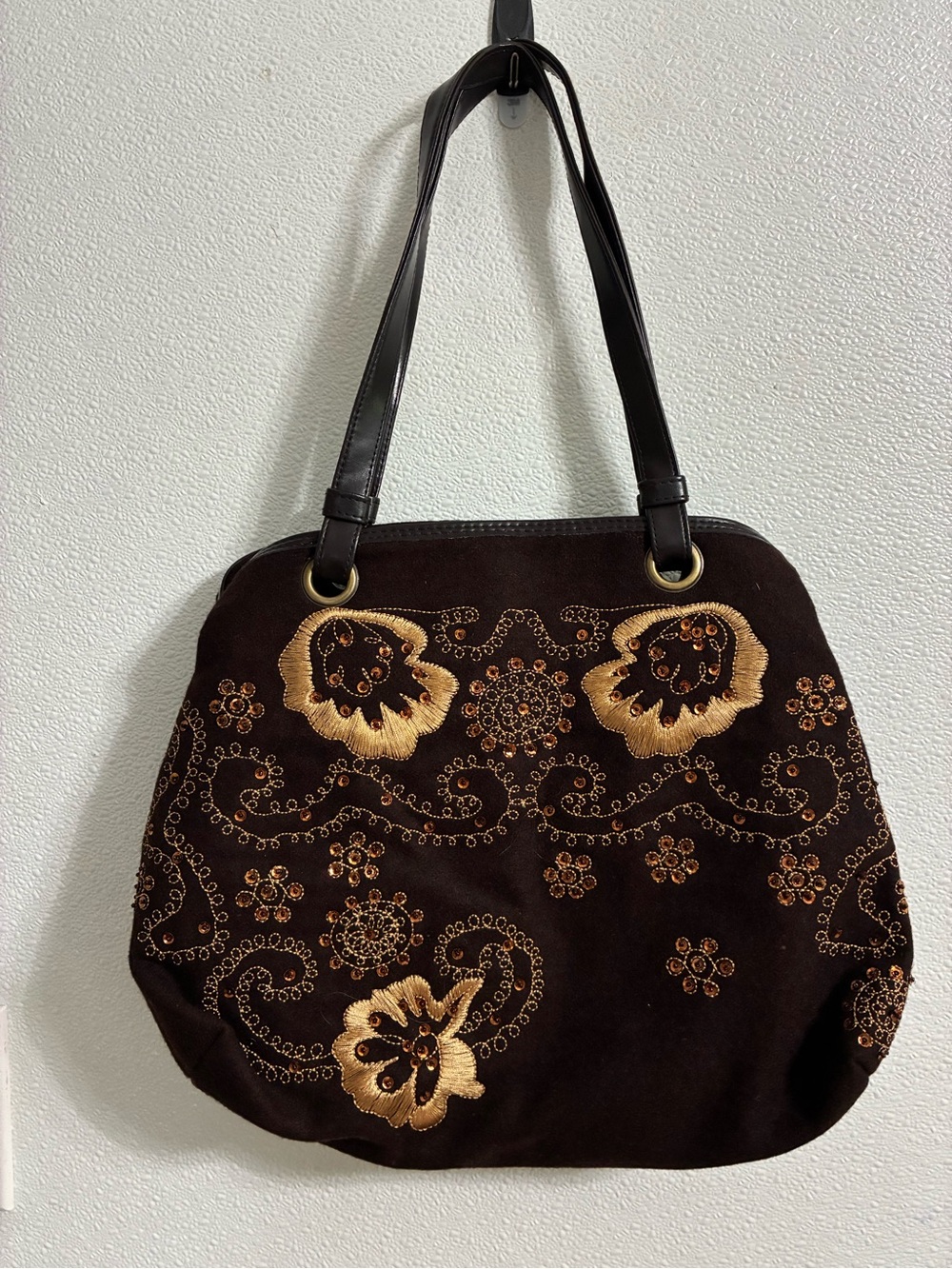 Embroidered Brown Suede like Felt with a floral Design bag